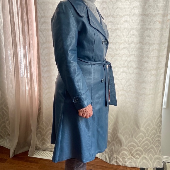 Vintage leather dress coat double breasted with belt steel blue size 12-14 - Picture 8 of 13